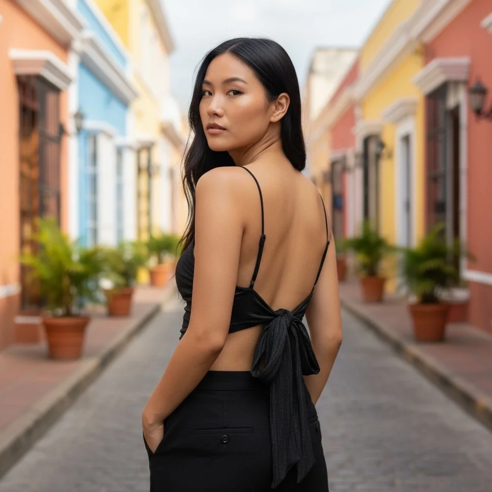 Black Silk Knit Jersey Sheer Camisole Top ties at back - Picture 1 of 10